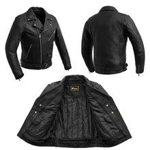 Load image into Gallery viewer, Black leather jacket shown from multiple angles on a white background
