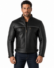 Charger l'image dans la galerie, Black vented leather motorcycle jacket with light reflector, worn by a model. Features air vents and adjustable straps for comfort and safety.
