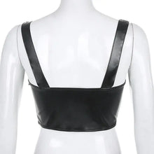 Load image into Gallery viewer, Back view of Gothic Punk leather crop top with suspenders, showcasing edgy design and PU leather material.
