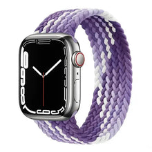 Load image into Gallery viewer, Purple and white nylon elastic loop strap for Apple Watch, compatible with various sizes and iWatch Series 7, SE, 6, 5, 4, 3, 2, 1.
