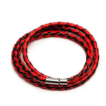 Load image into Gallery viewer, Vegan braided leather bracelet with vibrant red and black PU leather and metal clasp, fashionable and durable accessory.
