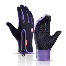 Load image into Gallery viewer, Black and purple thermal waterproof gloves with reinforced palms, designed for outdoor activities like cycling and hiking.
