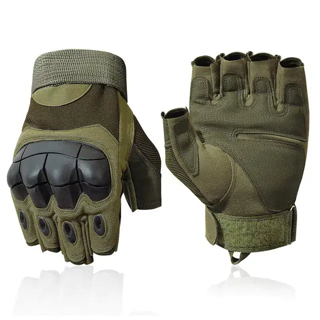 Tactical military gloves showcasing rugged knuckle protection and adjustable wrist straps, ideal for outdoor adventures.