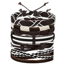 Load image into Gallery viewer, Stack of multilayer leather bracelets in black and white tones, perfect for adding rugged elegance to any outfit.
