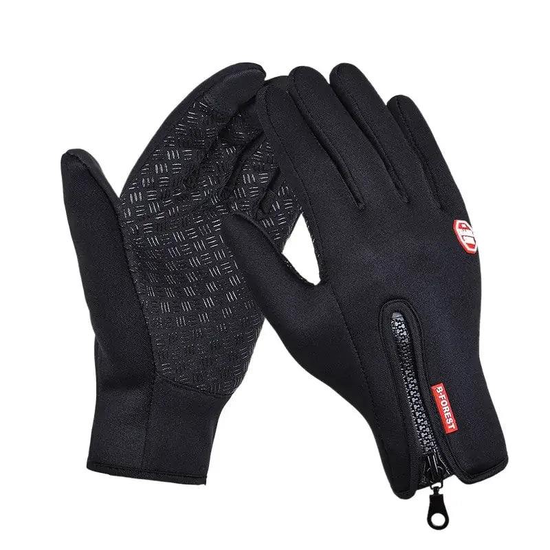 Black touchscreen compatible unisex gloves with zipper feature for warmth and smartphone use.