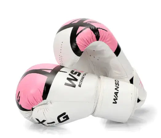 Premium Adults Kick Boxing Gloves in white and pink, made from PU leather with adjustable wrist strap for secure fit and perforated design.