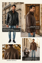 Load image into Gallery viewer, Collage of a man wearing a black leather jacket in an urban setting.
