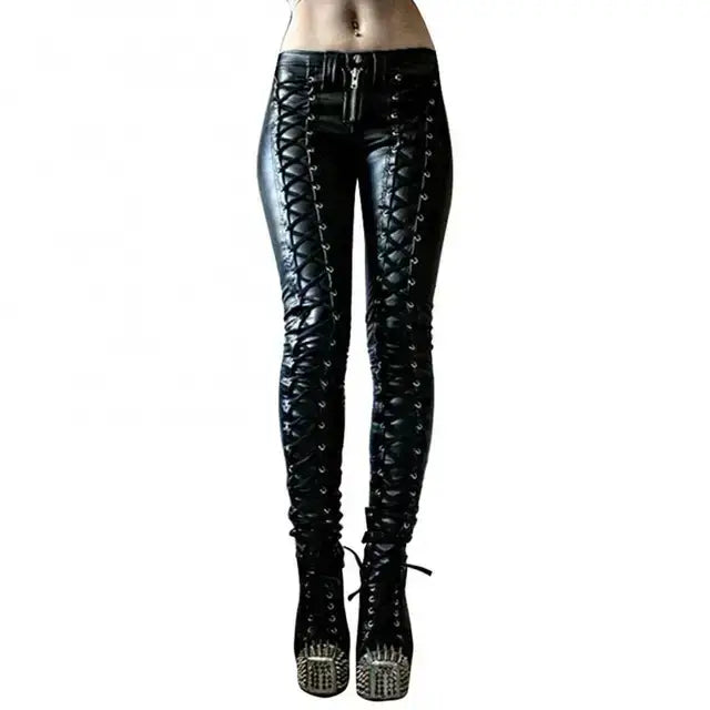 Steampunk leather skinny pants in vegan leather with lace-up details, ideal for adding edgy style to your wardrobe.