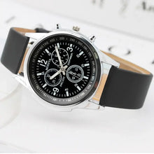 Load image into Gallery viewer, Limited Three Eye Watch with black chronograph dial and sleek black leather strap, featuring precision design for timeless elegance.
