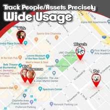 Load image into Gallery viewer, Map showing tracking locations for kid, grandma, wife, pet, and bicycle with GPS tracker for precise monitoring and wide usage.
