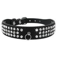 Load image into Gallery viewer, Stylish black leather pet collar with sparkling rhinestones, adjustable fit for puppies and cats.

