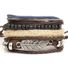 Load image into Gallery viewer, Multilayer leather bracelet with feather charm, combining beads and cords for a rustic, stylish look. Perfect for any occasion.
