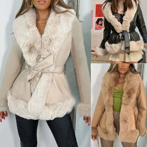 Collage of three women wearing Autumn/Winter PU leather coats with fur collars and lace-up waists in beige and black colors.