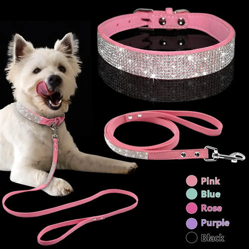 Pink leather dog collar and leash set with sparkling details, featuring a happy dog wearing the collar, available in various colors.
