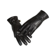 Load image into Gallery viewer, A pair of black Reed women&#39;s genuine leather warm lined driving gloves with a leather bow tie.
