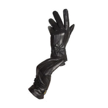 Load image into Gallery viewer, Reed Women&#39;s Genuine Leather Warm Lined Driving Gloves in black sheepskin leather, ideal for cold weather and everyday use.
