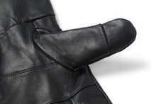 Load image into Gallery viewer, Close-up of Reed Men&#39;s Genuine Leather Warm Lined Driving Gloves, showing black leather and touchscreen texting feature.
