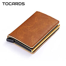 Cargar imagen en el visor de la galería, RFID Lock Vintage Automatic Leather Credit Card Holder - Vegan Leather, Slim Design, Brown Color, Imported
