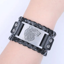 Load image into Gallery viewer, Vintage wide leather woven bracelet with intricate wolf head design, symbolizing strength and independence.
