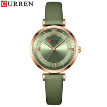 Load image into Gallery viewer, Classic Clock Leather Watch with green strap and Roman numeral clockface, water-resistant, elegant women&#39;s wristwatch for any outfit.
