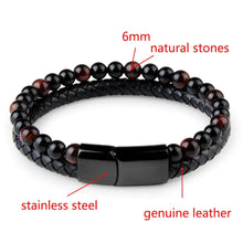 Load image into Gallery viewer, Genuine leather bracelet with 6mm natural stone beads and stainless steel clasp, offering sophistication and style.
