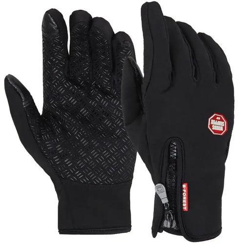Pair of black touchscreen compatible unisex gloves with textured grip and zipper, ideal for using devices in cold weather.