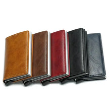 Load image into Gallery viewer, Assorted vegan leather credit card holders for men in various colors, showcasing sleek design and RFID-blocking features.
