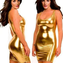 Load image into Gallery viewer, Gold wetlook faux leather lingerie dress, sleek silhouette, tank-style sleeves, perfect for alluring and sophisticated style.
