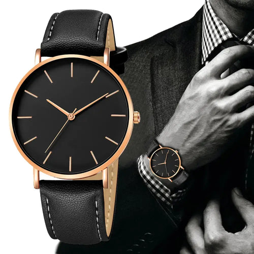 Black minimalist men's luxury watch with vegan leather strap, offering sophistication and style. Ideal accessory for a refined look.
