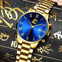 Load image into Gallery viewer, Luxury gold-tone watch with a deep blue face featuring Roman numerals and a date display, set against ornate background.
