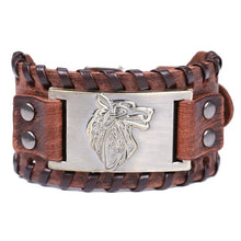 Load image into Gallery viewer, Vintage wide leather woven wolf head bracelet with intricate centerpiece symbolizing strength and independence.
