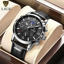 Load image into Gallery viewer, LIGE luxury men&#39;s watch with black vegan leather strap, featuring a full functional chronograph and three working sub-dials.
