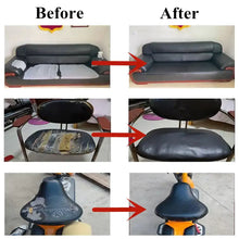 Load image into Gallery viewer, Before and after image of repaired leather couch, chair, and bike seat using leather patching solution.
