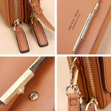 Load image into Gallery viewer, Close-up of a leather shoulder bag showcasing zippers, clasps, and craftsmanship details, highlighting luxurious design and quality.
