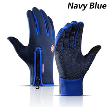 Cargar imagen en el visor de la galería, Navy blue waterproof winter gloves with phone touch capability, designed to keep hands warm and dry; suitable for smartphone use.
