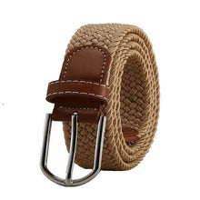 Load image into Gallery viewer, Elastic vegan leather belt with alloy buckle in beige and brown, designed for comfort and style
