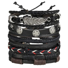Load image into Gallery viewer, Stylish multilayer leather bracelet with stars and feather design, perfect for adding rugged elegance to any outfit.
