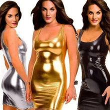 Load image into Gallery viewer, Three women in silver, gold, and black faux leather dresses showcasing a sexy wetlook fashion style.
