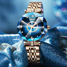 Load image into Gallery viewer, Dazzling diamond flower watch with a 3D-cut face, reflecting light for a showstopping effect. Elegant, gold bracelet strap included.
