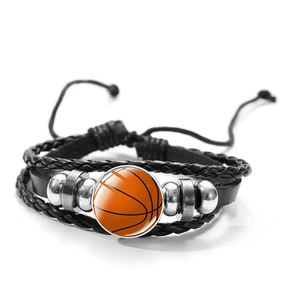 Unisex polyurethane leather bracelet with basketball charm and metal accents, perfect for style-savvy individuals seeking a sporty accessory.