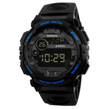 Load image into Gallery viewer, Men&#39;s Digital LED Watch with black strap featuring 12/24 hour digital display and LED luminous display mirror for enhanced readability.
