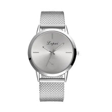 Load image into Gallery viewer, Elegant silver watch with a sleek mesh strap, designed for modern fashion and style.

