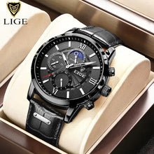 Load image into Gallery viewer, LIGE men&#39;s luxury quartz watch with vegan leather strap, chronograph function, black dial, and Roman numeral markers, perfect for gifts.
