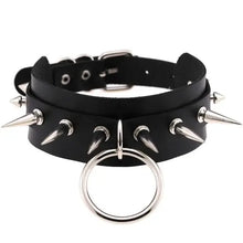 Load image into Gallery viewer, Edgy black leather choker with spikes and round ring, punk fashion accessory.
