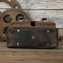 Load image into Gallery viewer, The Faust Leather Camera Bag | Crossbody Vintage Camera Messenger Bag in full grain leather on wooden background
