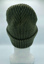 Charger l&#39;image dans la galerie, HAAKWEAR Cuffed Wide Ribbed Striped Beanie / Hat, Black / Green, Limited Edition - Made in USA on display
