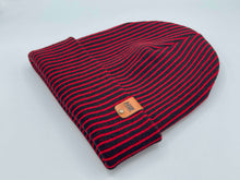 Charger l&#39;image dans la galerie, HAAKWEAR Cuffed Wide Ribbed Striped Beanie / Hat, Black / Red, Limited Edition - Made in USA displayed on a white background
