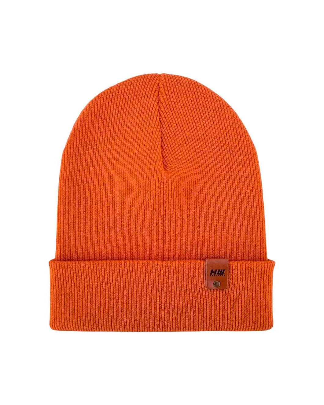 HAAKWEAR Knit Cuffed Classic Beanie / Hat - Tiger Orange, Made in USA, showing vibrant color and durable design for men and women.