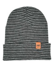 Load image into Gallery viewer, HAAKWEAR Traditional Contrast Cuffed Beanie/ Hat - Black / Gray, Made in USA with modern stripe design and leather patch detail.
