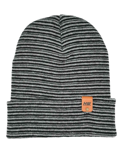 HAAKWEAR Traditional Contrast Cuffed Beanie/ Hat - Black / Gray, Made in USA with modern stripe design and leather patch detail.